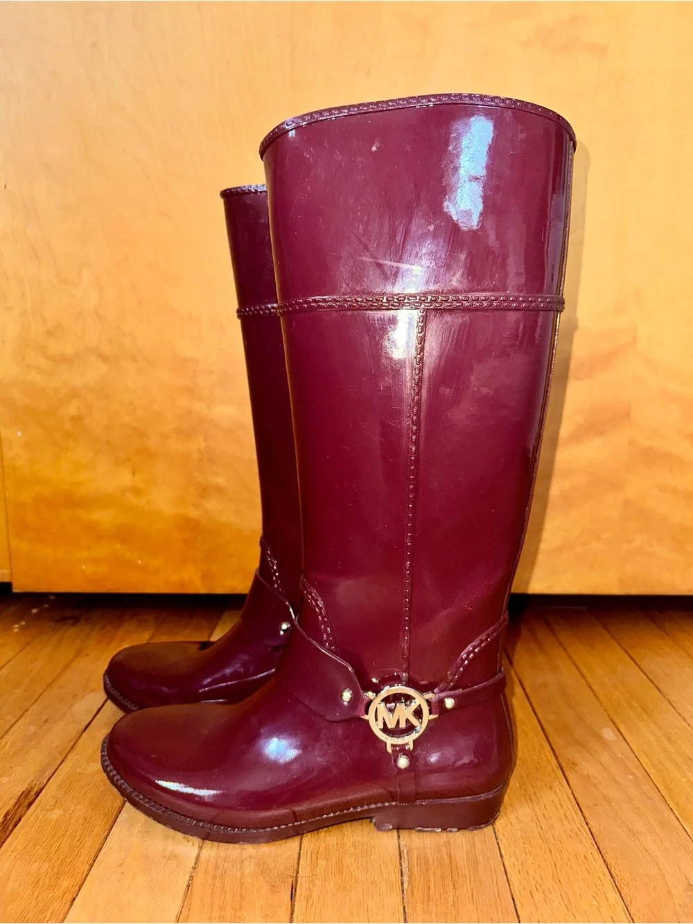 Michael Kors Glossy Burgundy Knee-High Rain Boots with Gold MK Accent